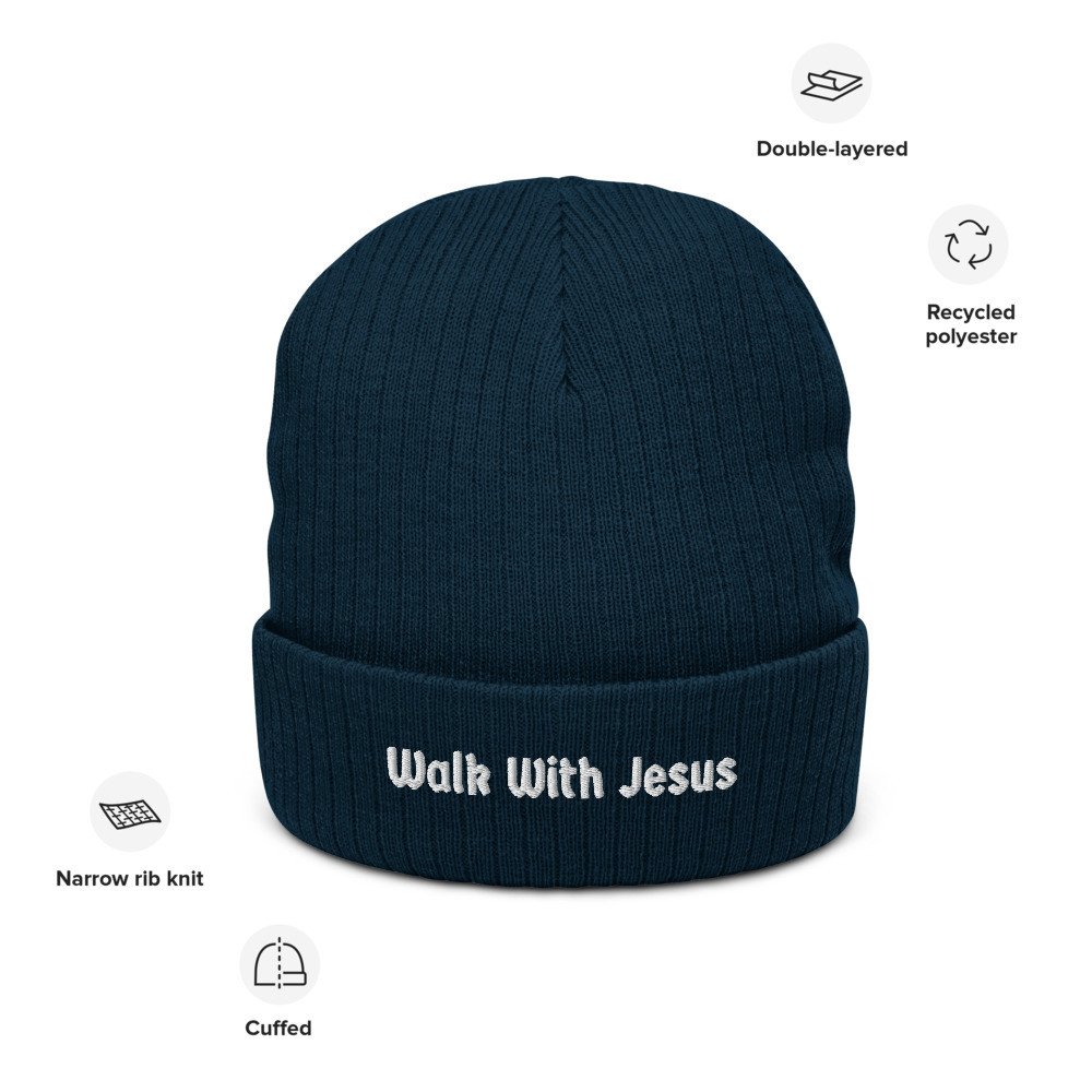Walk With Jesus Ribbed Knit Navy Beanie