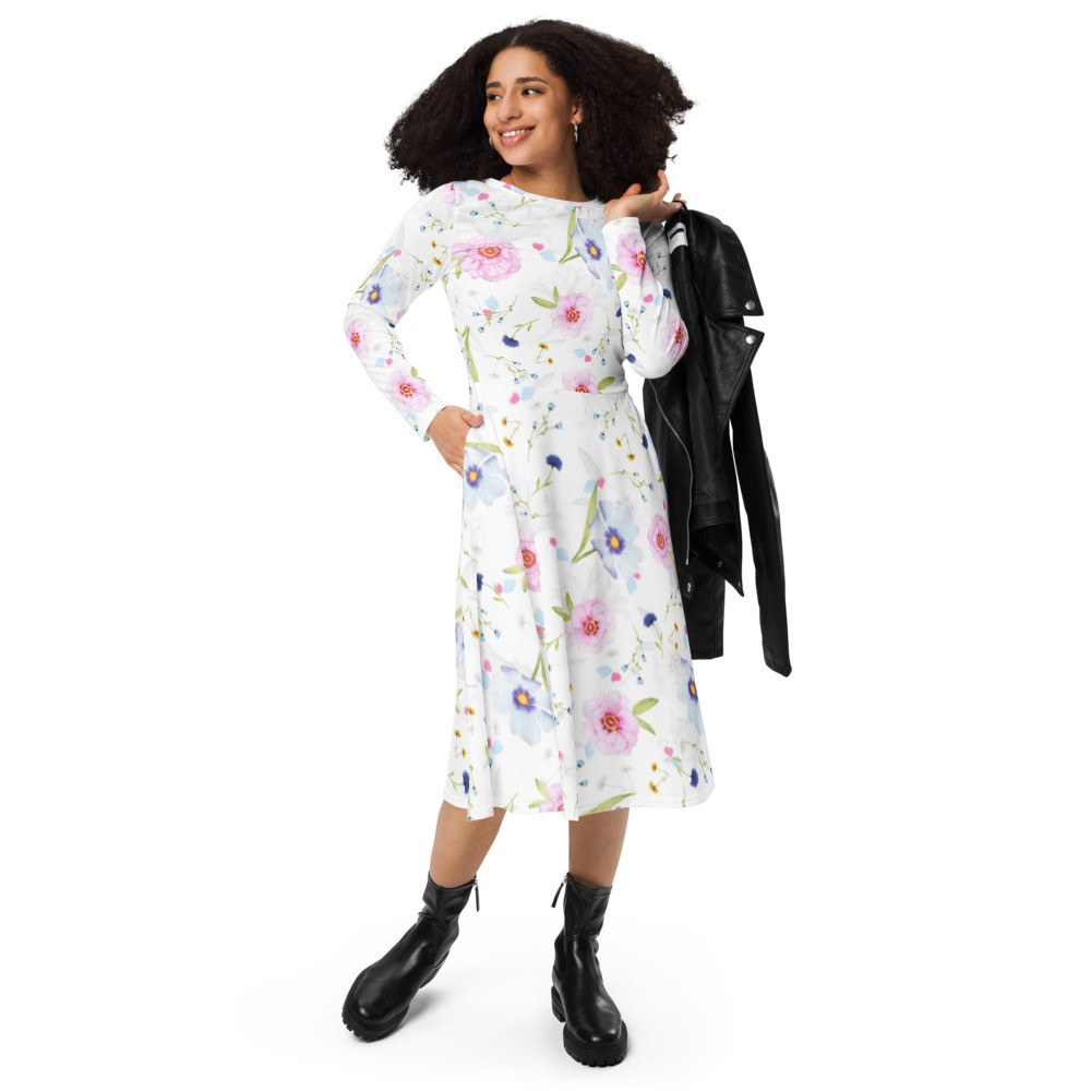 All-over Flowers print long sleeve midi dress