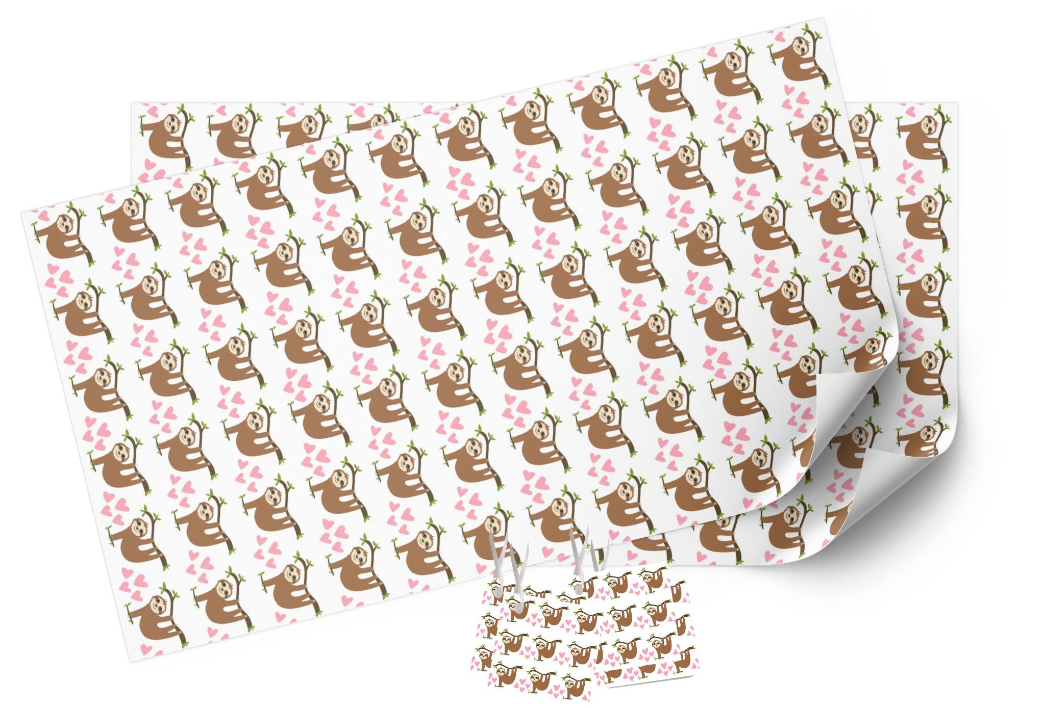 Gift Wrapping Paper Sloth With Hearts Design - 2 sheets & 4 tags