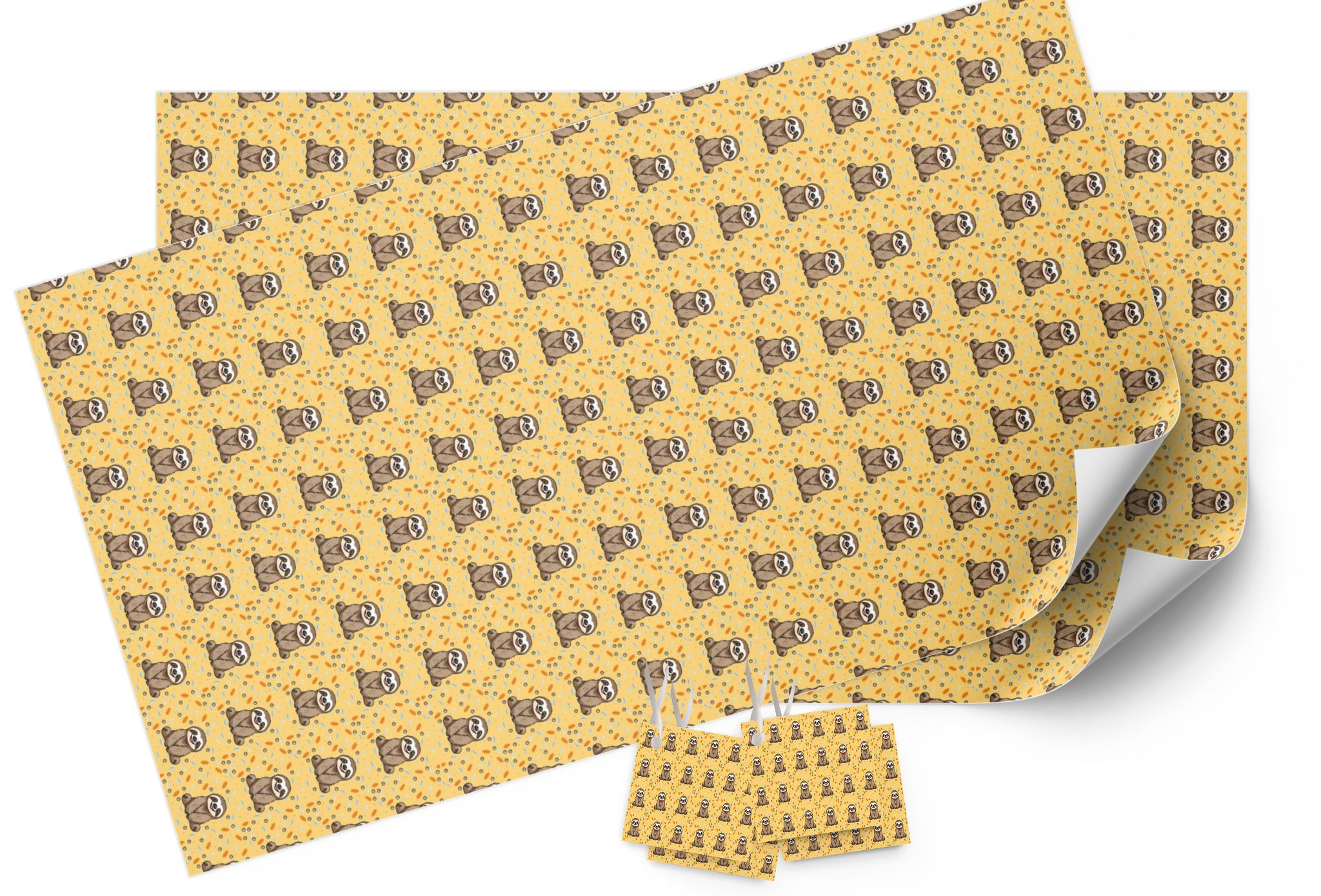 Gift Wrapping Paper Sitting Sloth Design - 2 sheets & 4 tags