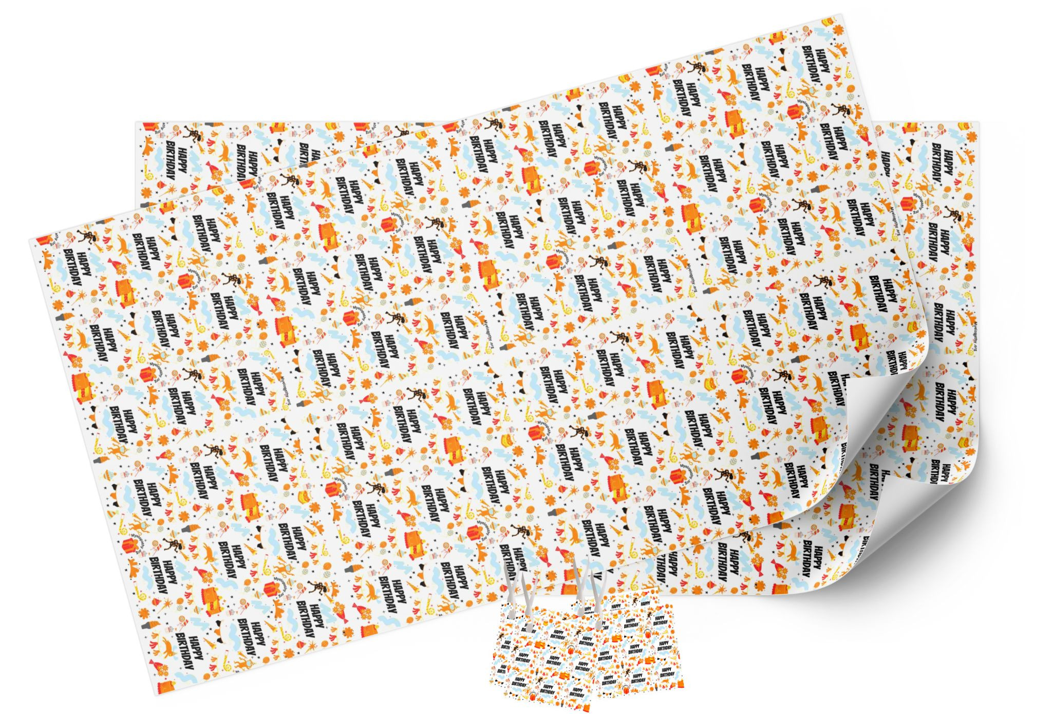 Gift Wrapping Paper Happy Birthday Design - 2 sheets & 4 tags