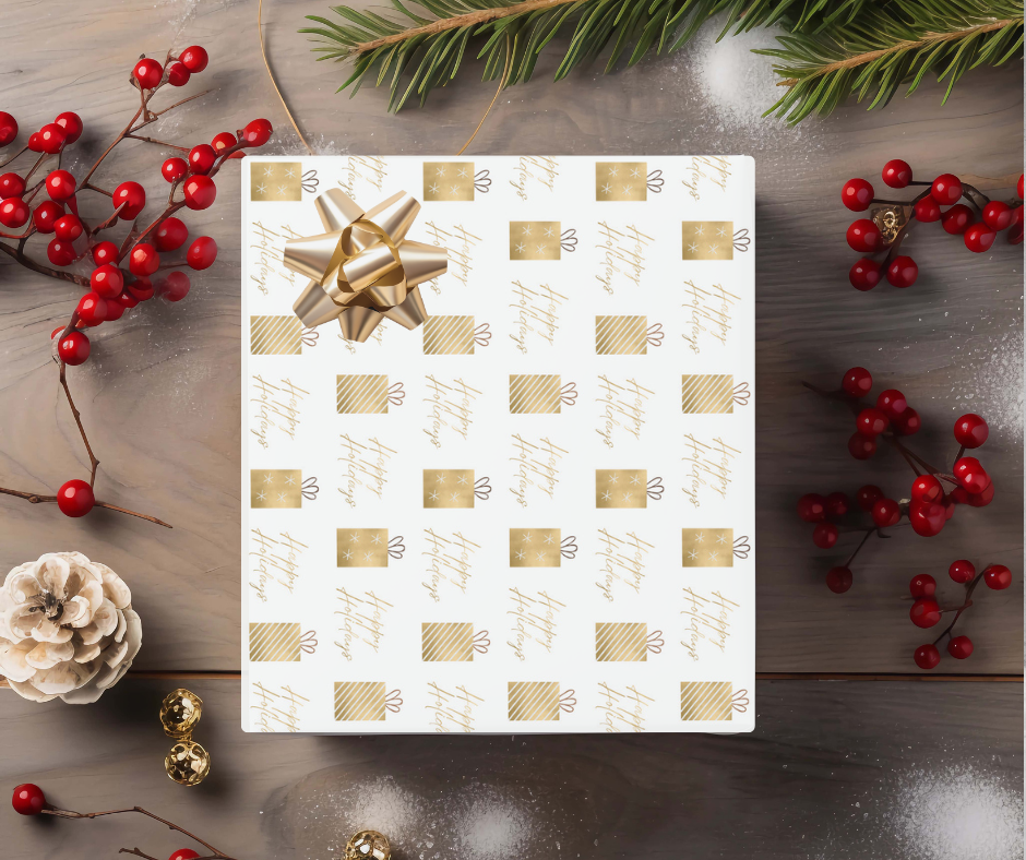 Happy Holidays Christmas Gift Wrapping Paper - 2 sheets & 4 tags