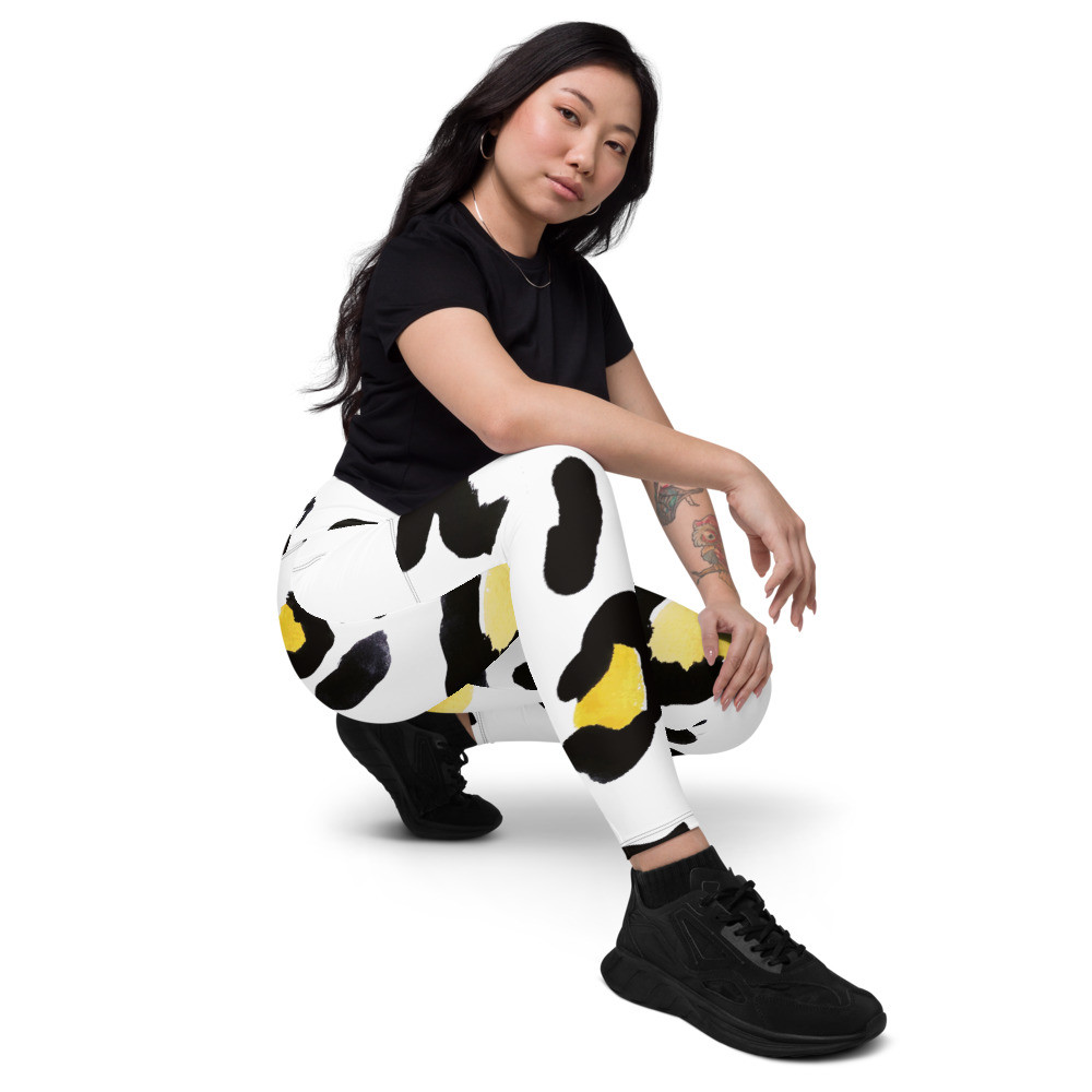 918Zone Clo. AASOT Womens Black Yellow Leopard Crossover Leggings with Pockets