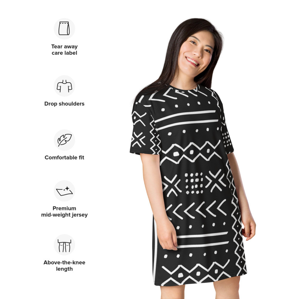 Black Mud Cloth Inspired V T-shirt dress