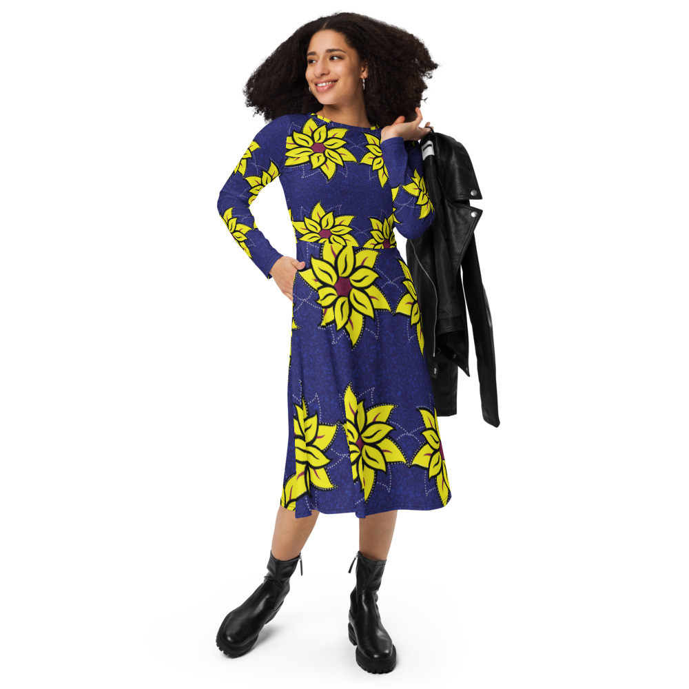 Sunflowers long sleeve midi dress