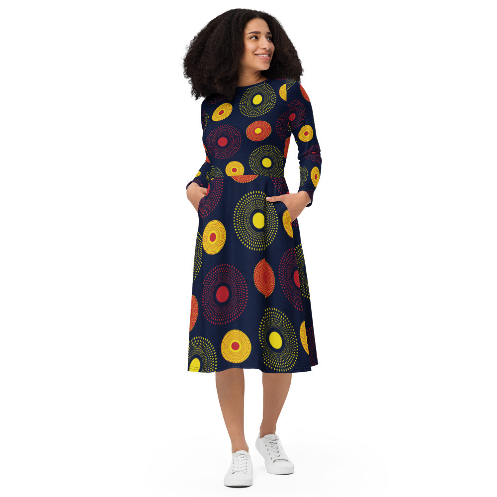 Ankara Circles long sleeve midi dress