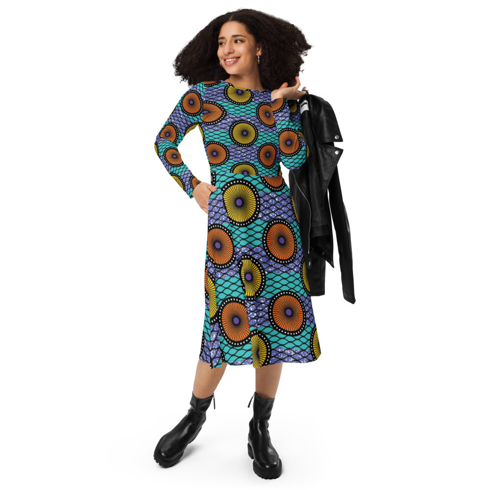Ankara Circles II long sleeve midi dress