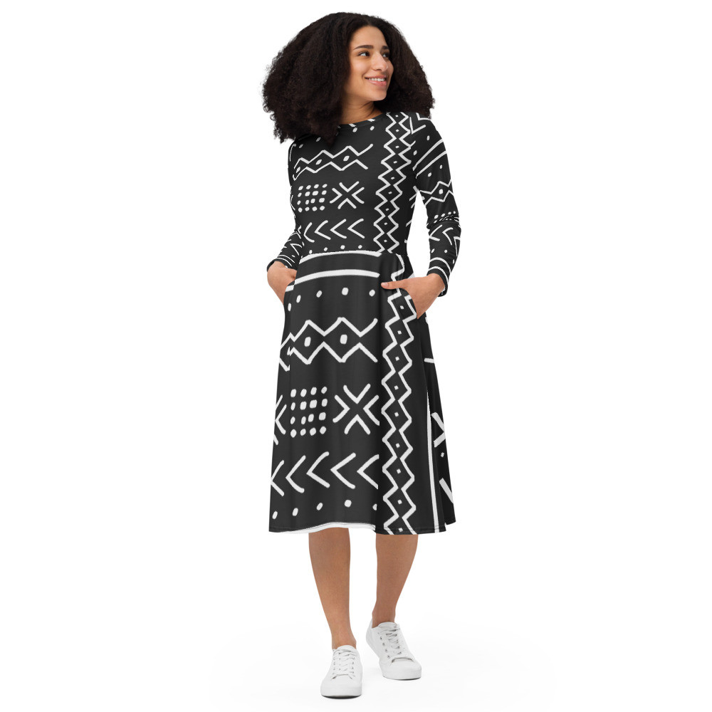 Black Mud Cloth Inspired V long sleeve midi dress