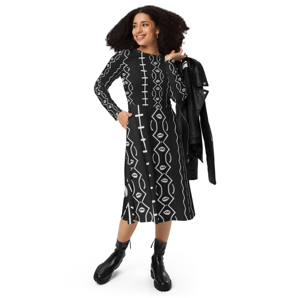 Black Mud Cloth Inspired IV long sleeve midi dress