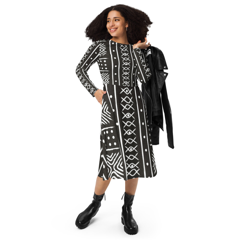 Black Mud Cloth Inspired II long sleeve midi dress