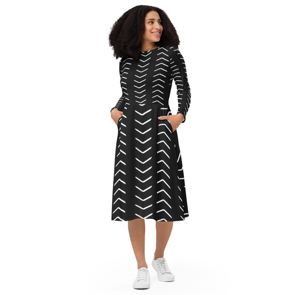 Black Mud Cloth Inspired long sleeve midi dress