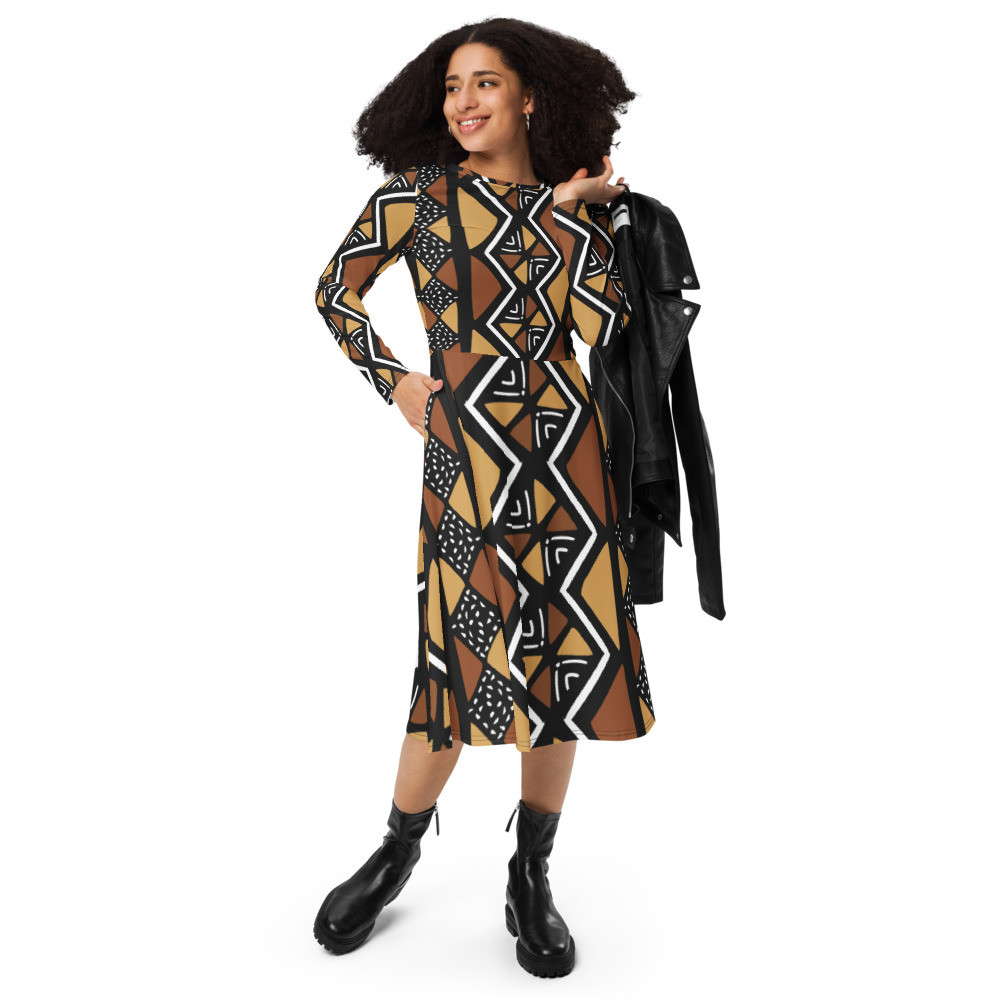 Mud Cloth Inspired II long sleeve midi dress