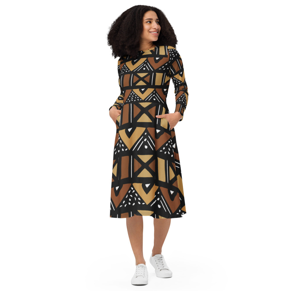 Mud Cloth Inspired long sleeve midi dress