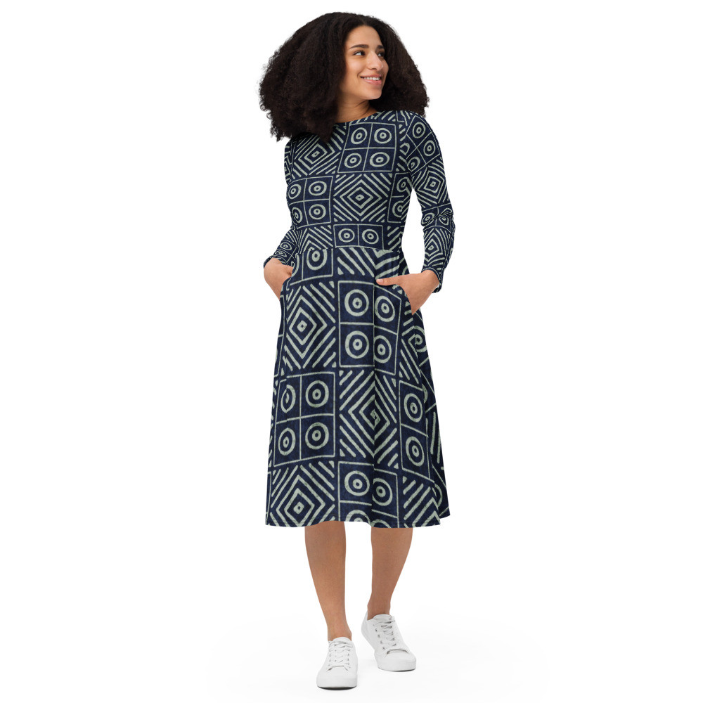 Adire long sleeve midi dress