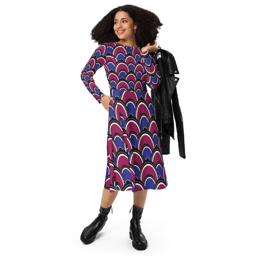 Peacock Inspired long sleeve midi dress