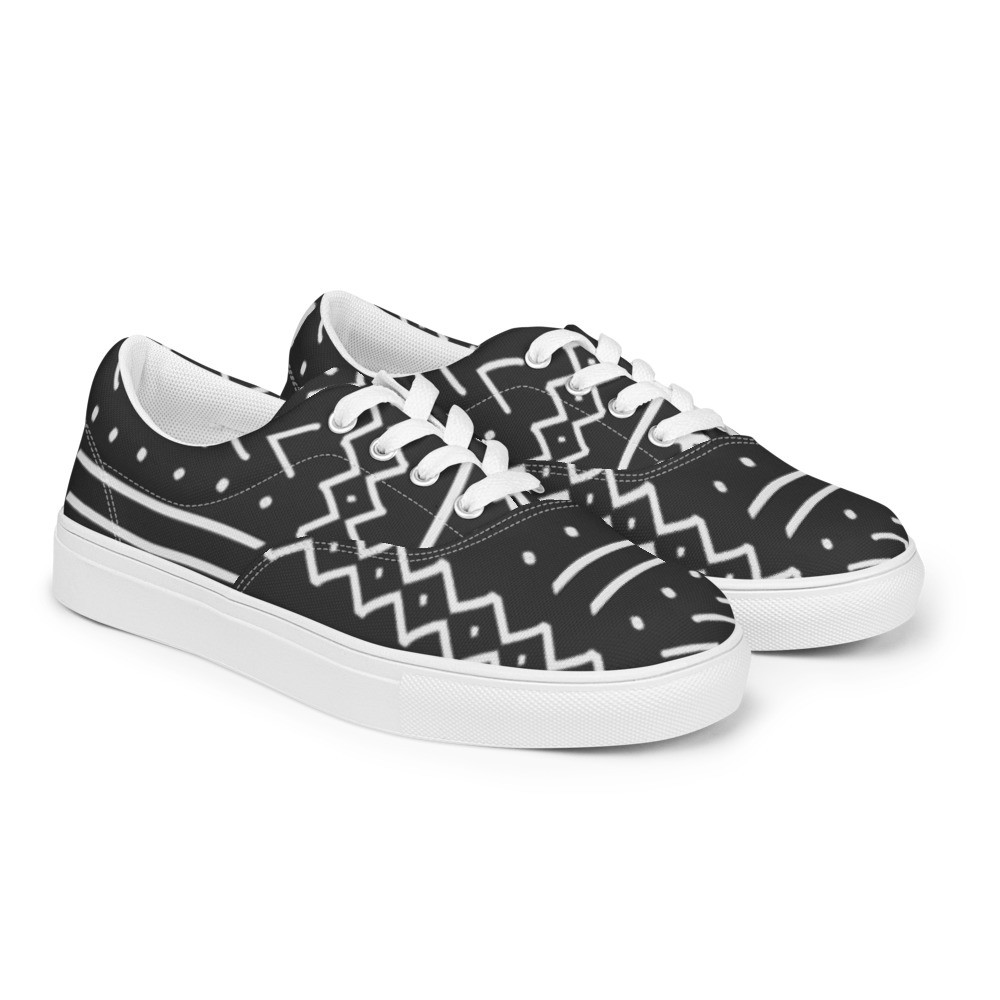 Women’s Black Mud Cloth Inspired V lace-up canvas shoes