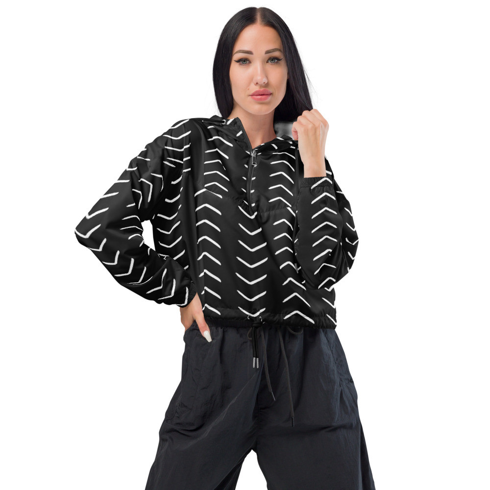 Women’s Black Mud Cloth Inspired cropped windbreaker
