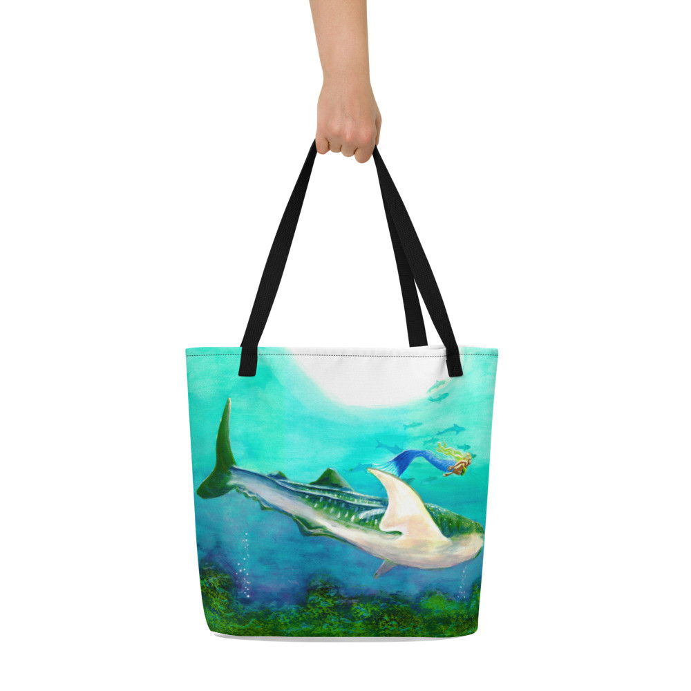 Mermaid and Whaleshark All-Over Print Large Tote Bag