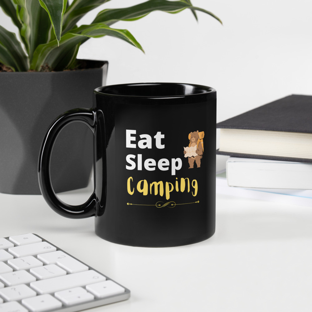 Black Glossy Mug: Eat, Sleep Camping