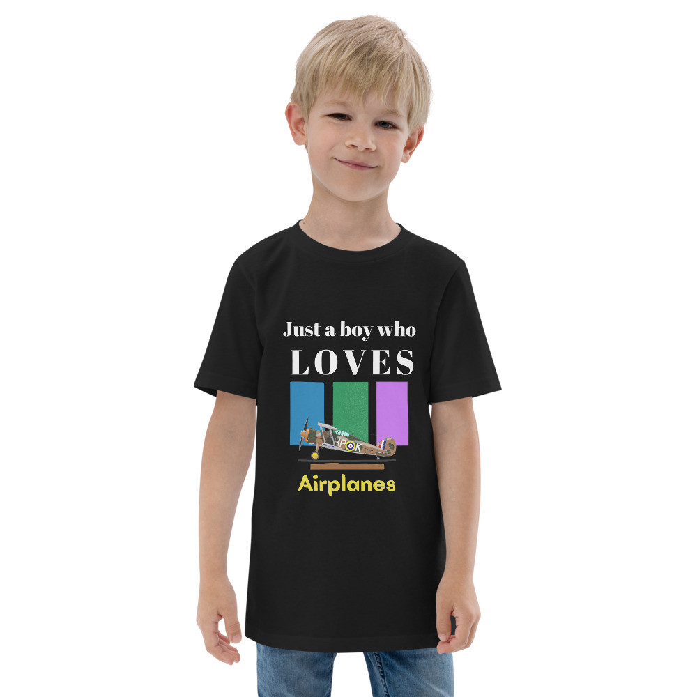 Youth jersey t-shirt: Just a Boy Who Loves Airplanes