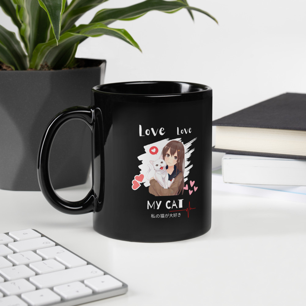 Black Glossy Mug: Love, Love My Cat
