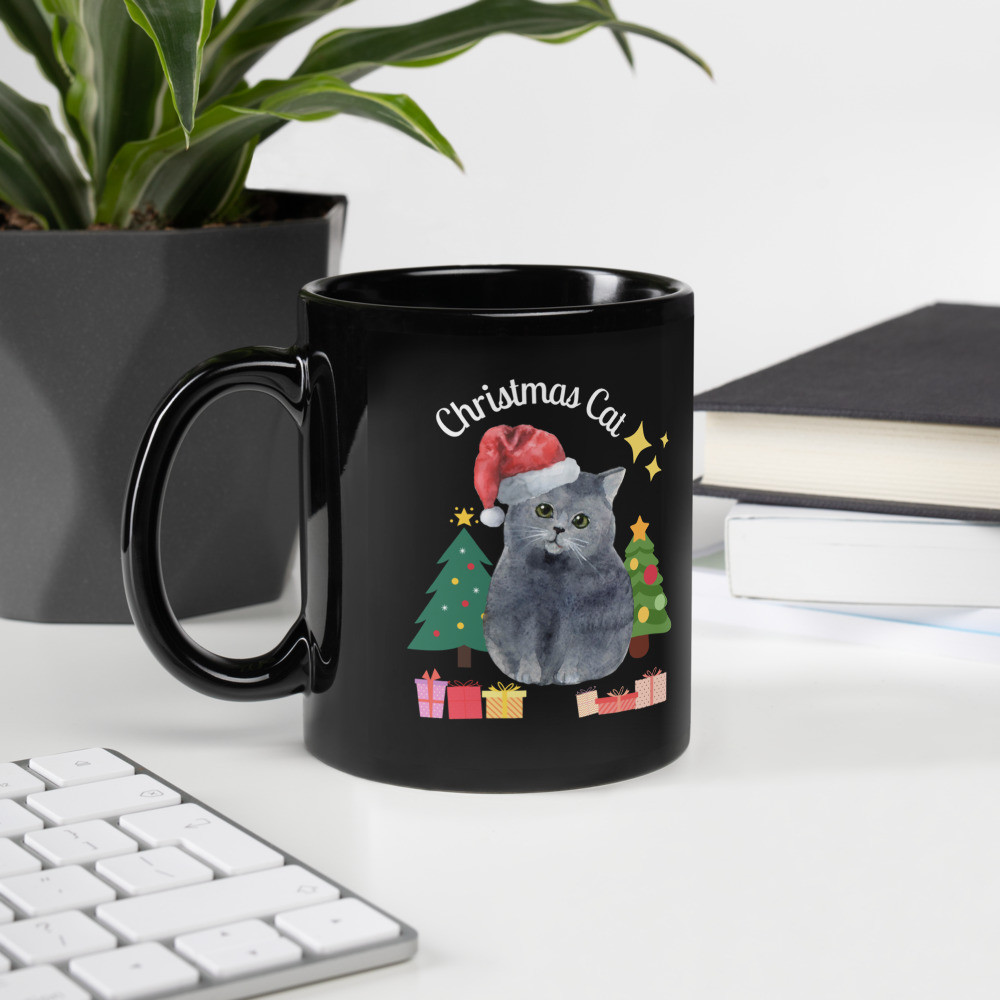 Black Glossy Mug: Christmas Cat