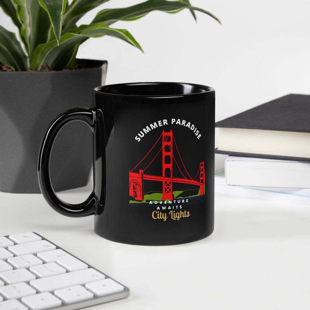 Black Glossy Mug: City Lights Adventure