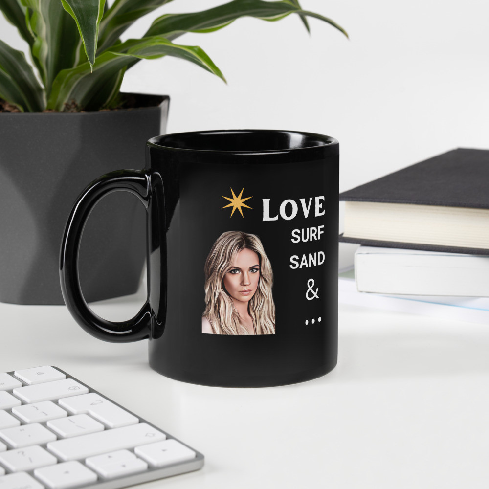 Black Glossy Mug: Love Surf, Sand