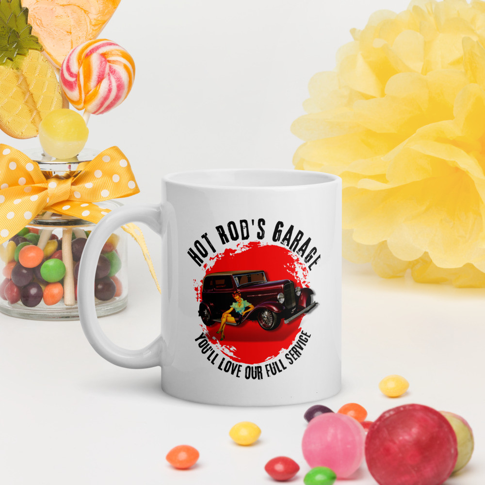 White glossy mug: Hot rod's Garage