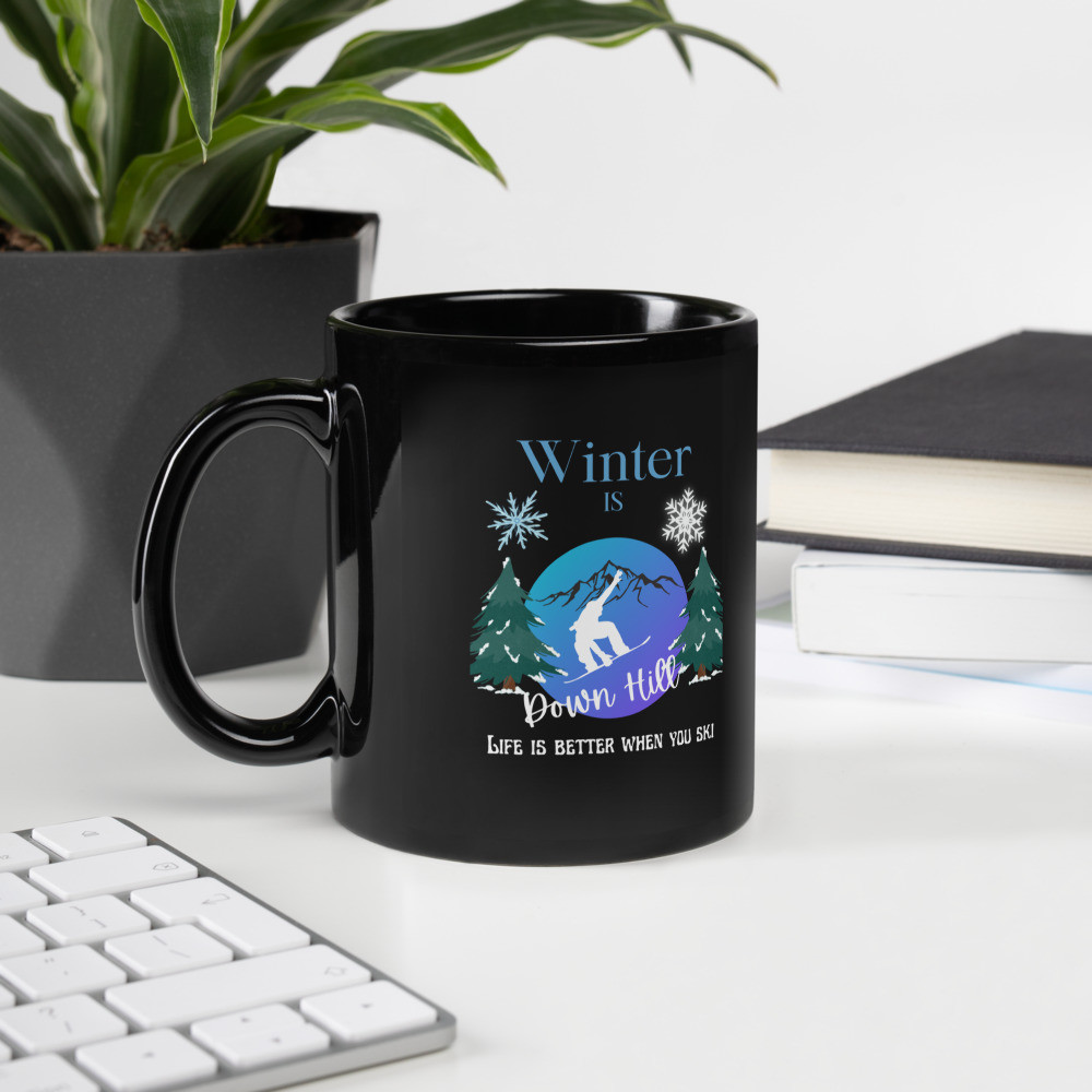 Black Glossy Mug: Winter Is Down Hill