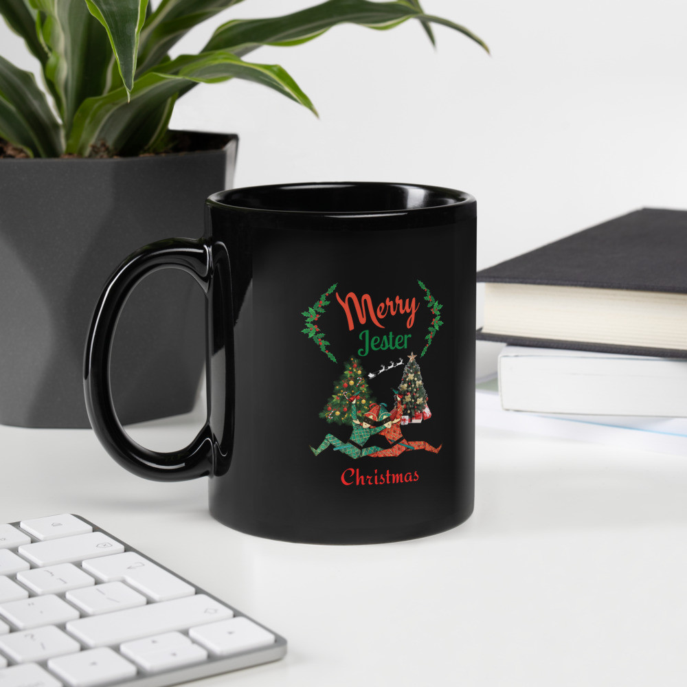 Black Glossy Mug: Merry Jester Christmas