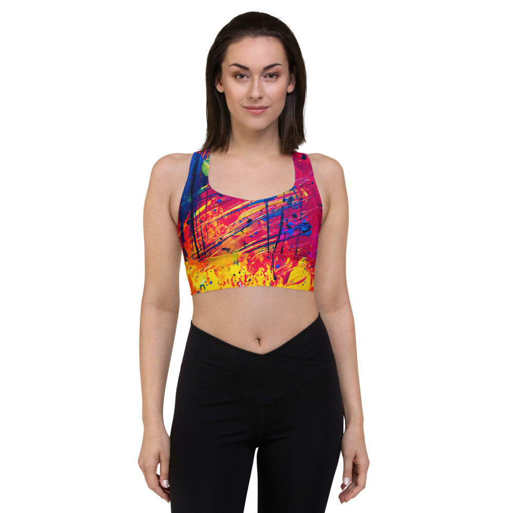 Longline sports bra: Red, Yellow Heat