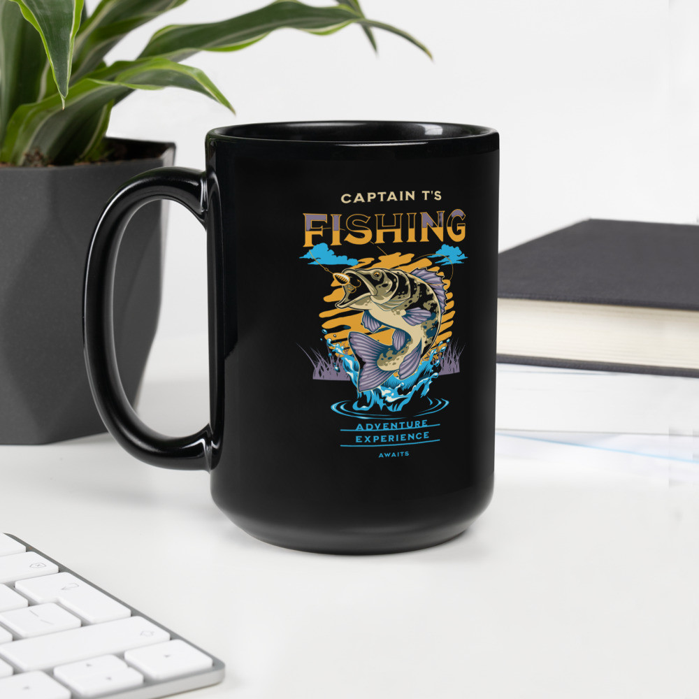 Black Glossy Mug: Captain T's Fishing Adventure