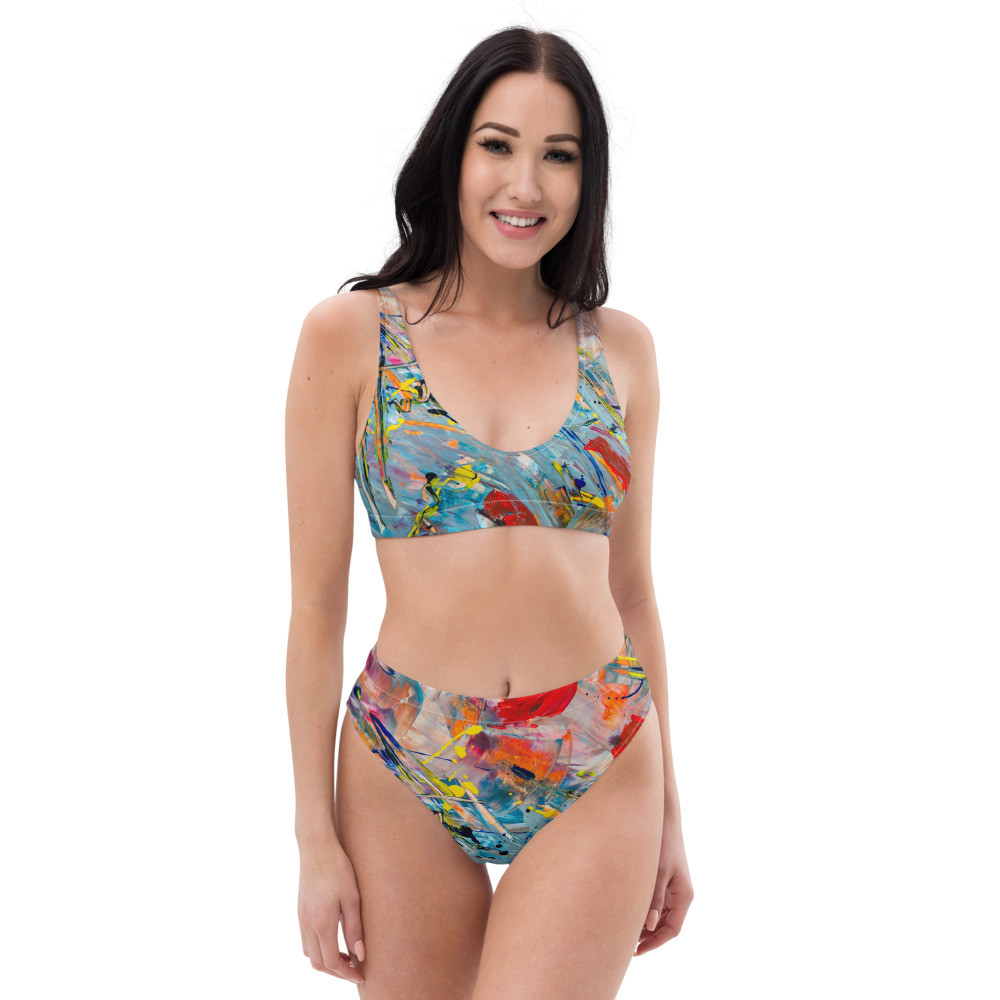 Recycled high-waisted bikini: Red & Blue Heat