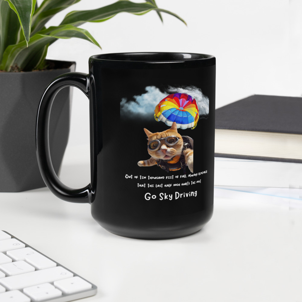 Black Glossy Mug: Sky Driving Cat