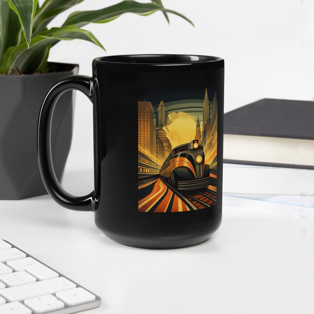 Black Glossy Mug: Train in City