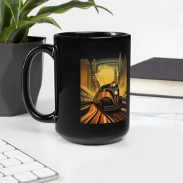 Black Glossy Mug: Train in City