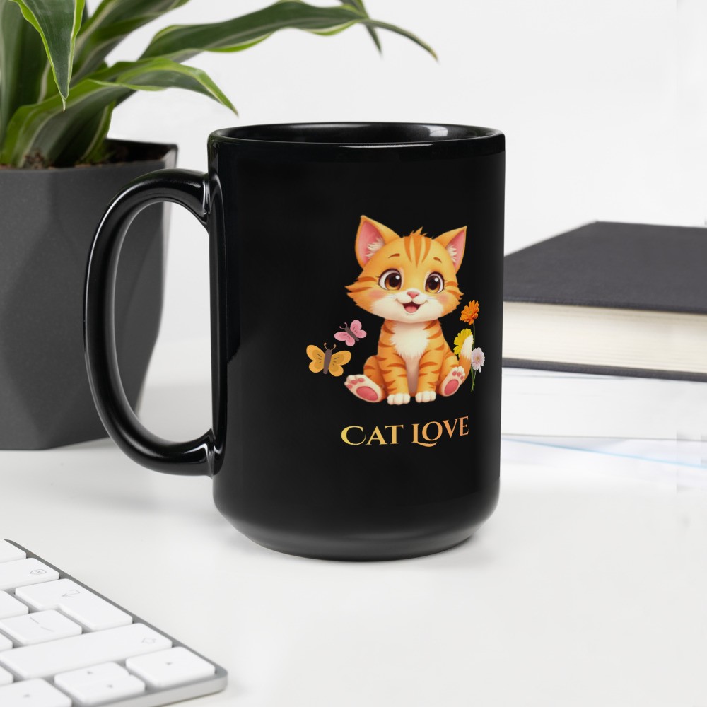 Black Glossy Mug: Cat Love V