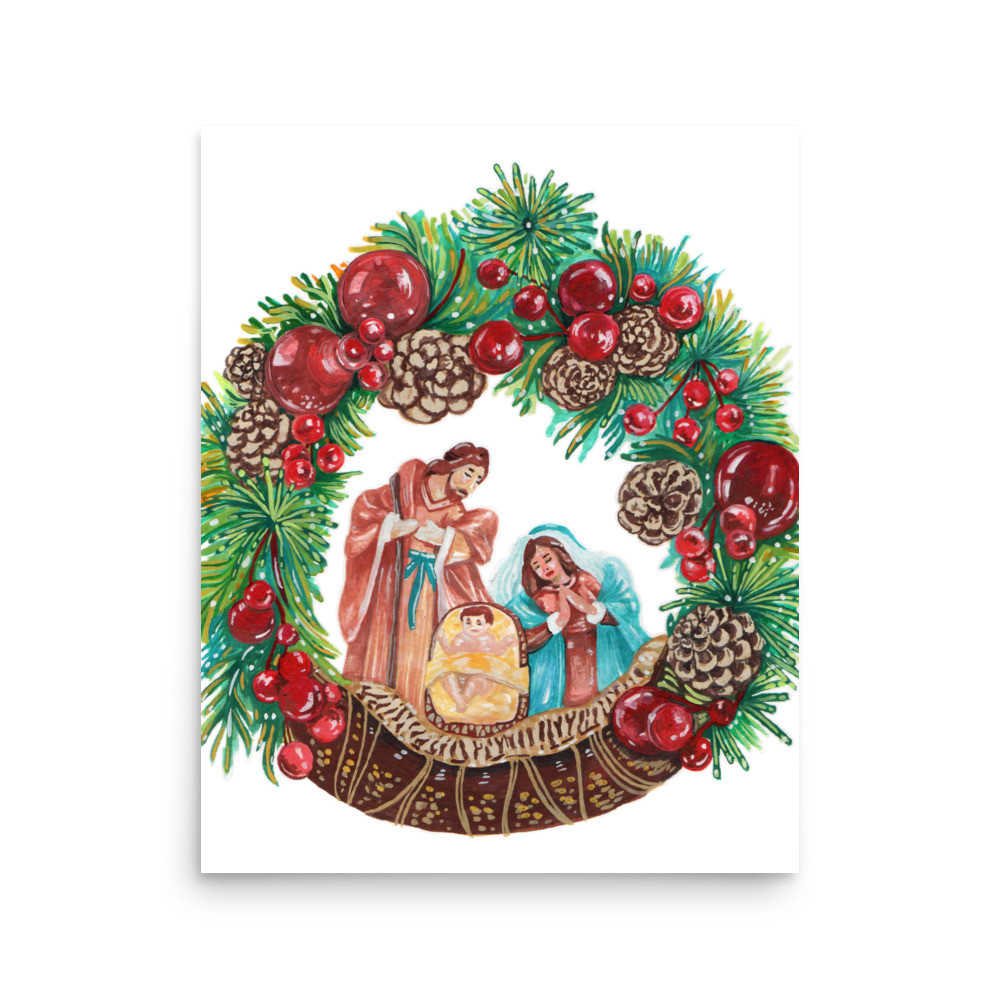 Nativity Reath Christmas Holiday Poster