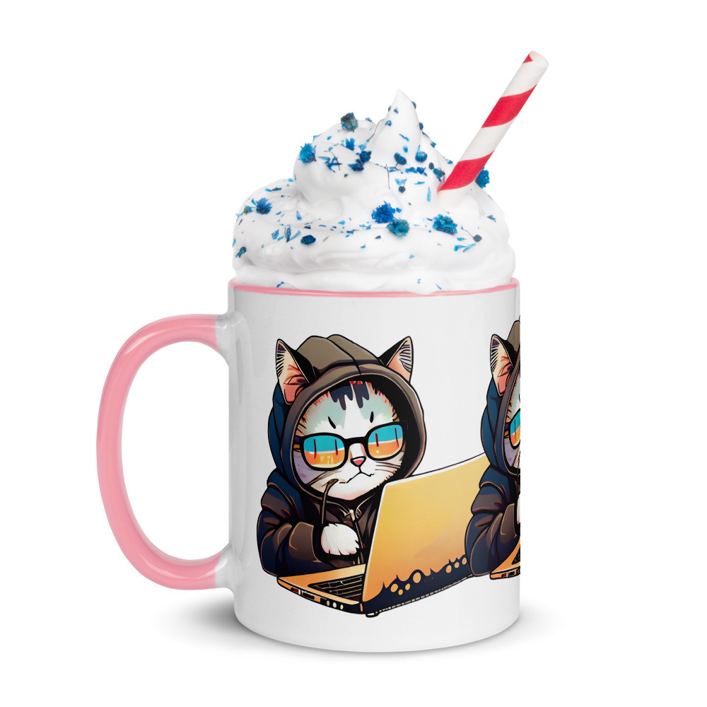Cool Cat with a Laptop Wearing Sunglasses Mug with Color Inside