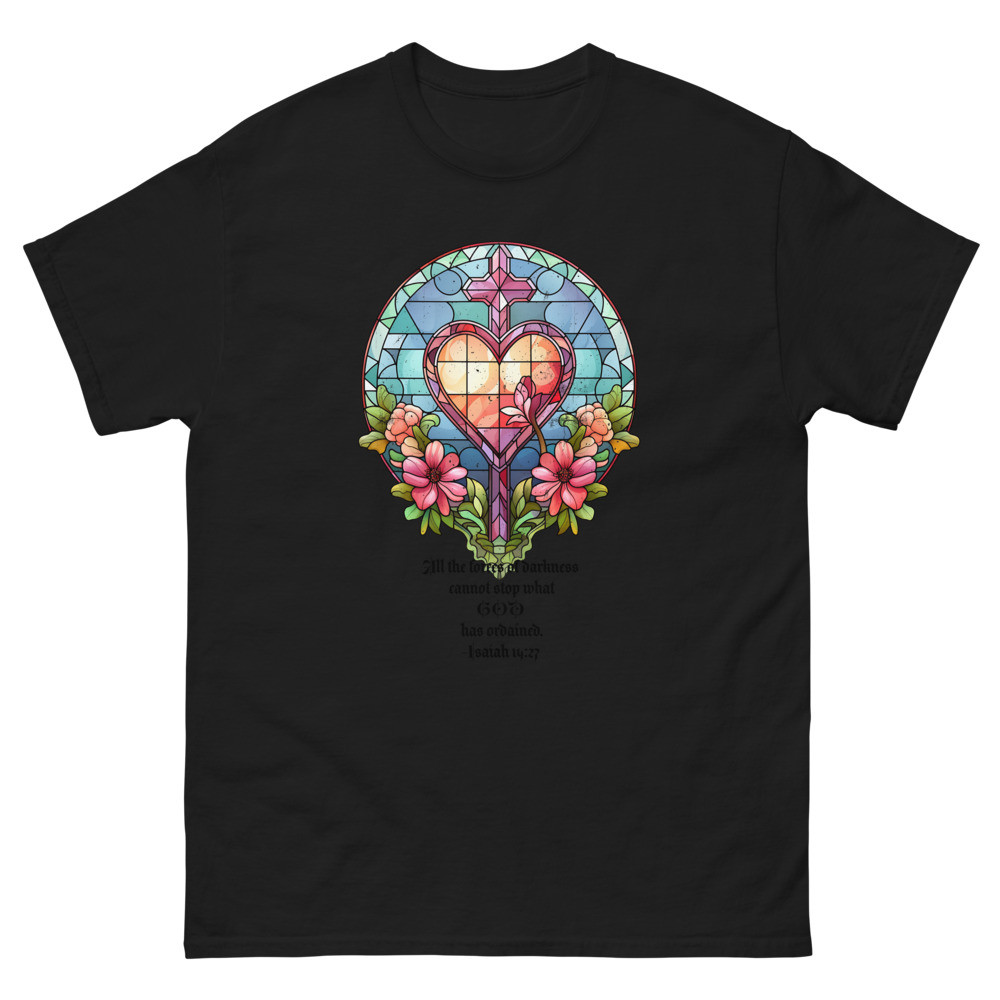 Stained Glass Cross w/ Isaiah 14:27 Men's classic tee