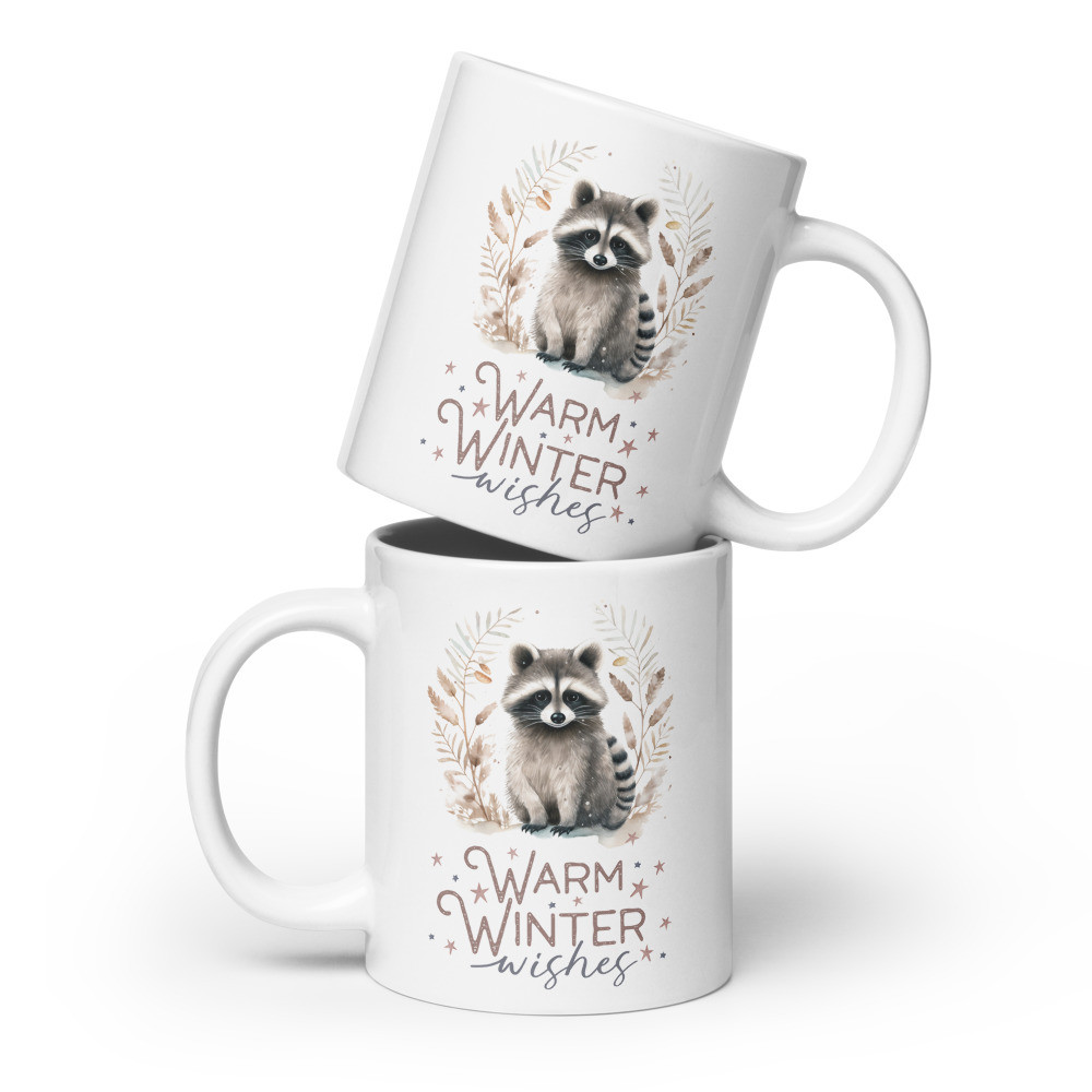 Raccoon, Warm Winter Wishes White glossy mug