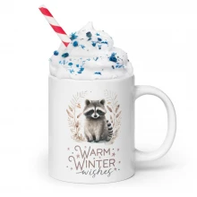 Raccoon, Warm Winter Wishes White glossy mug