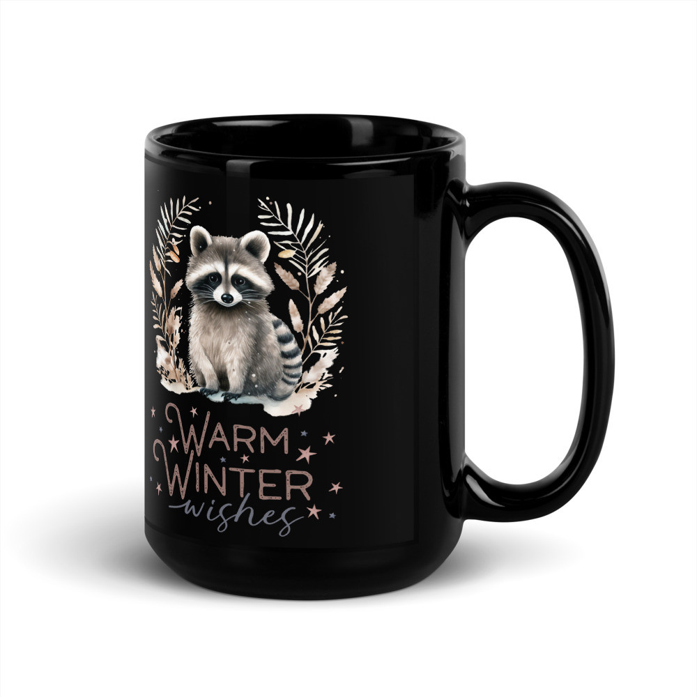 Raccoon, Warm Winter Wishes Black Glossy Mug
