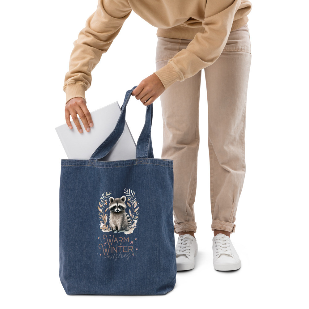 Raccoon, Warm Winter Wishes Organic denim tote bag