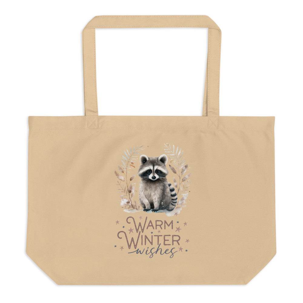 Raccoon, Warm Winter Wishes Large organic tote bag