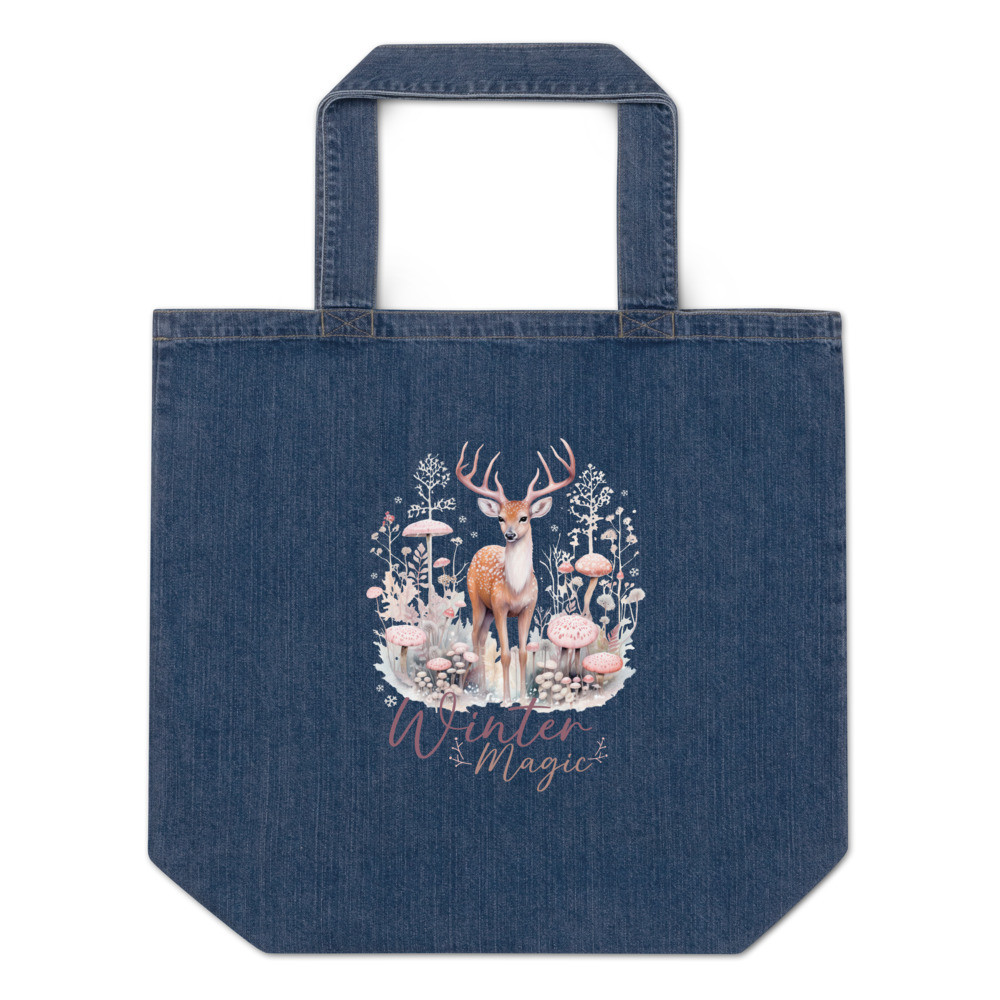 Deer, Winter Magic Organic denim tote bag