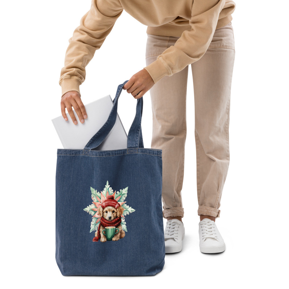 Snowflake, Golden Retriever Organic denim tote bag