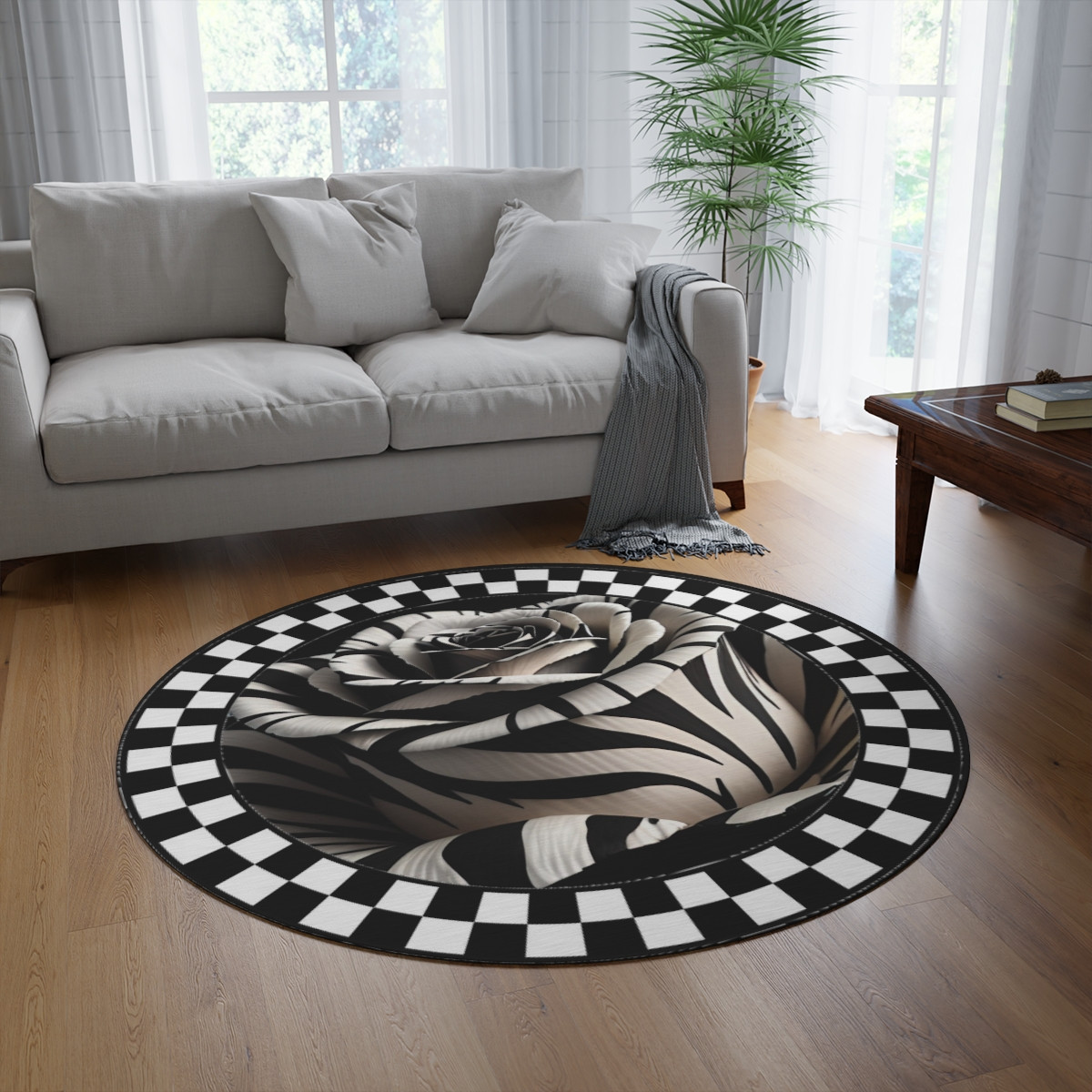 Round Rug Black White Rose on black and white