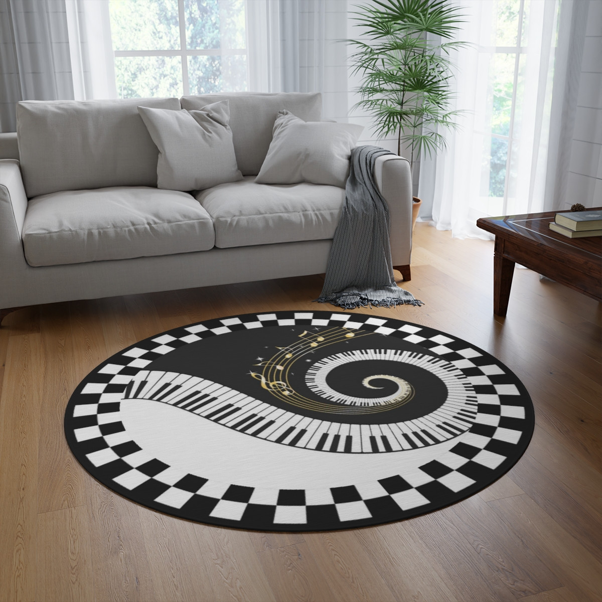Round Rug Piano keyboard black and white on black 